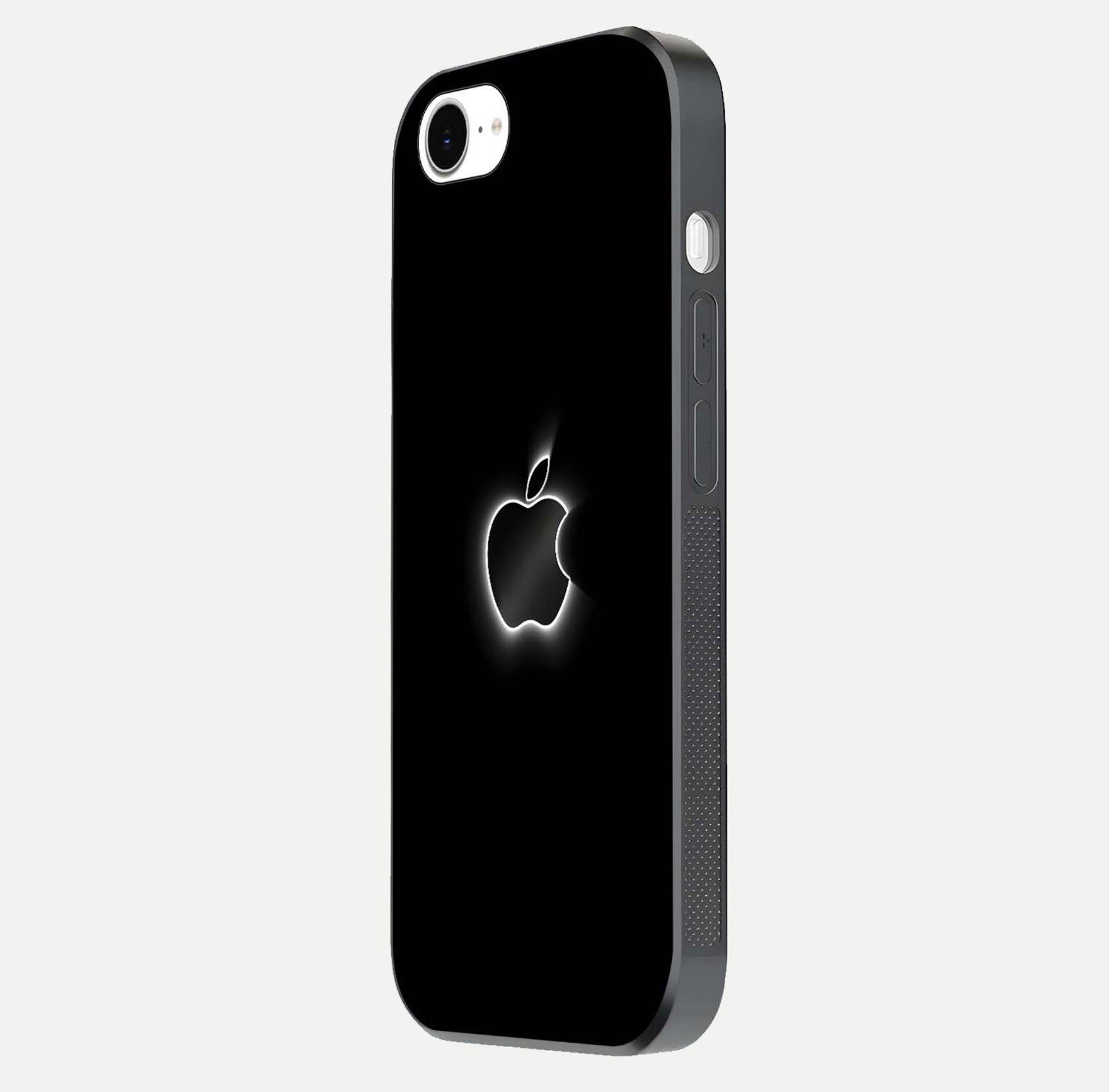 Neon Apple Glow Glass Case for iPhone 16e side-angle image showing light reflection and glow effect