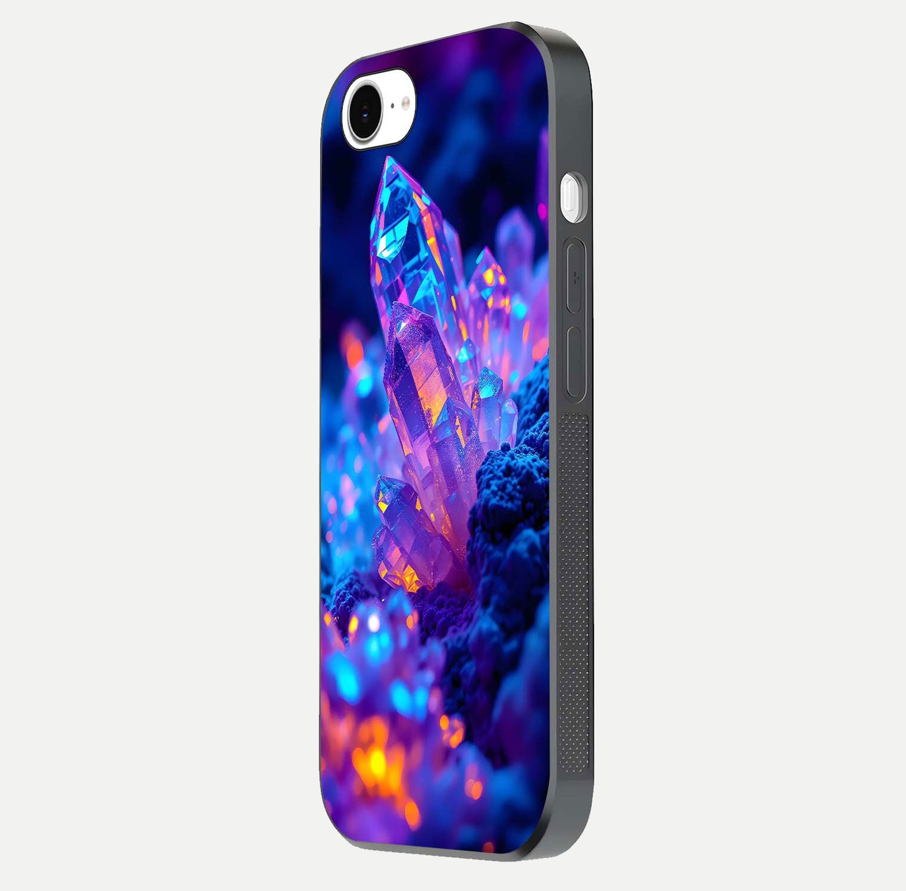 Neon Aura Shards Glass Case for iPhone 16e side-angle image showing light depth and glossy contrast