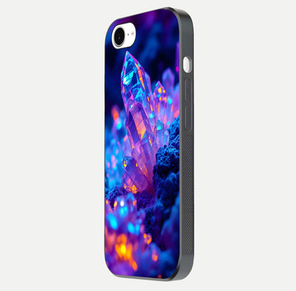Neon Aura Shards Glass Case for iPhone 16e side-angle image showing light depth and glossy contrast