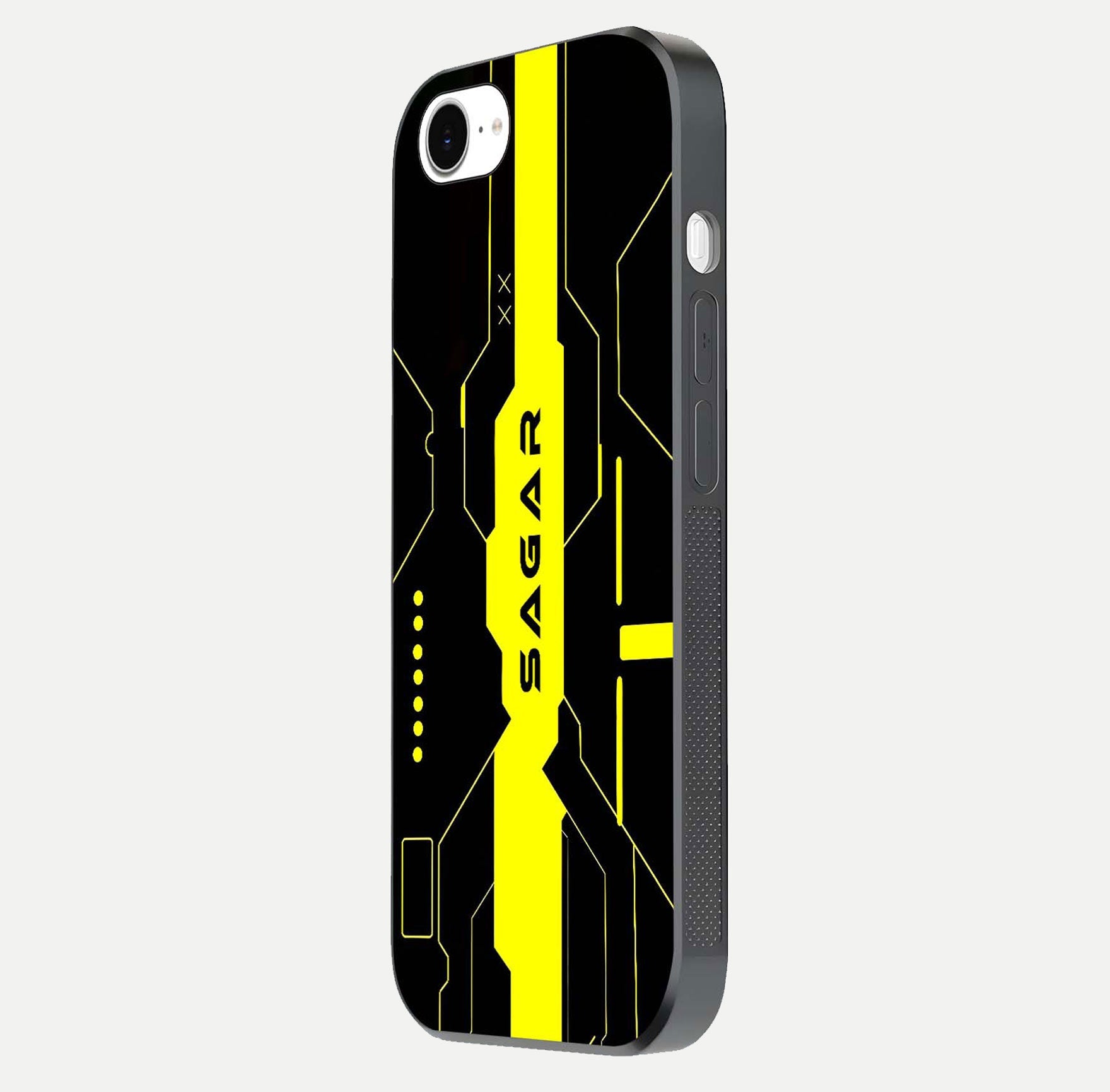 Neon CYBERPUNK Custom Name Glass Case for iPhone 16e side-angle image showing glow depth and bold print