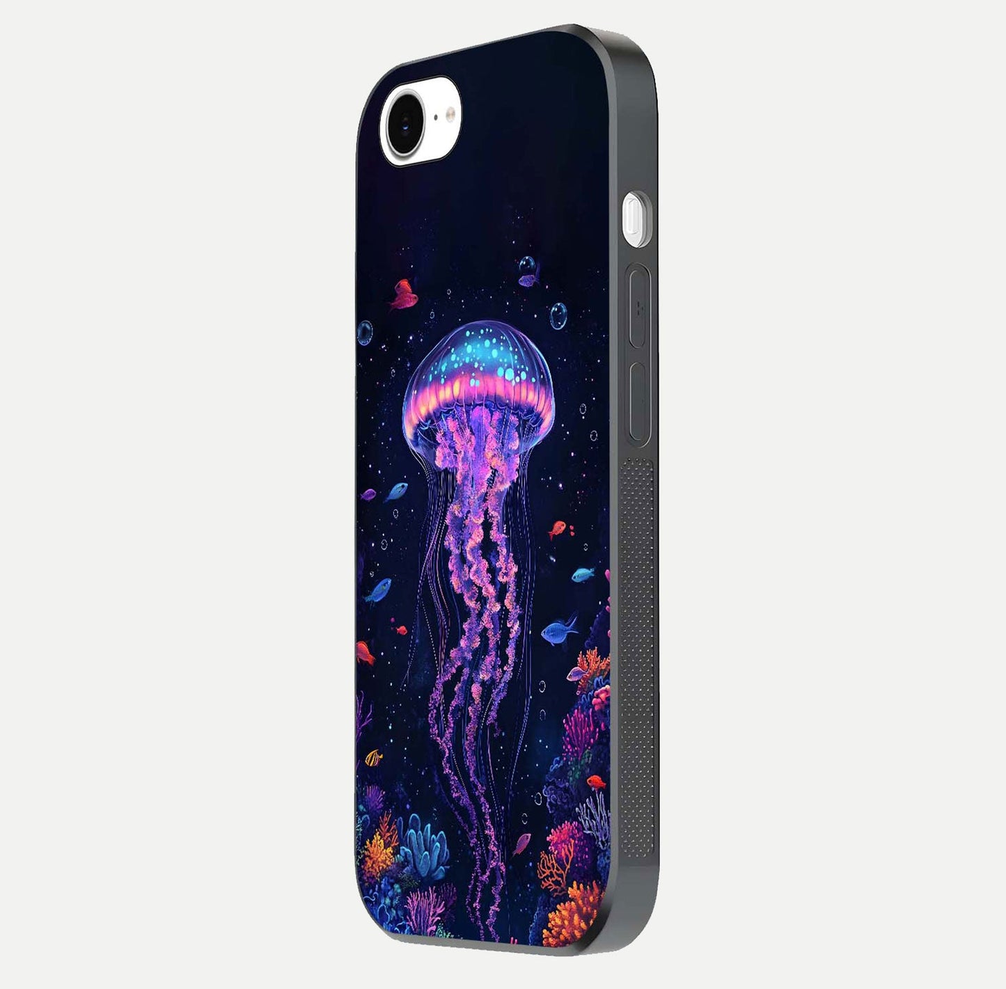 Neon Jellyfish Glass Case for iPhone 16e side-angle image showing reflection and oceanic light detailing