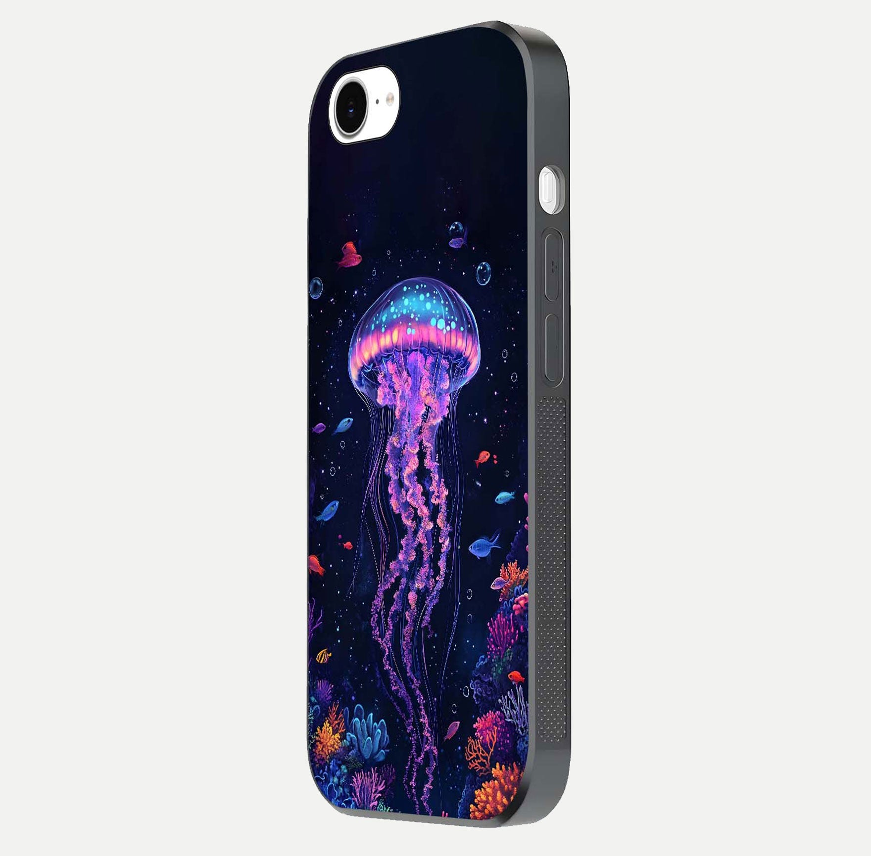 Neon Jellyfish Glass Case for iPhone 16e side-angle image showing reflection and oceanic light detailing