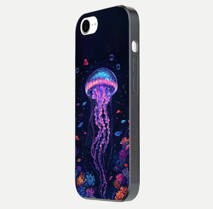 Neon Jellyfish Glass Case for iPhone 16e side-angle image showing reflection and oceanic light detailing