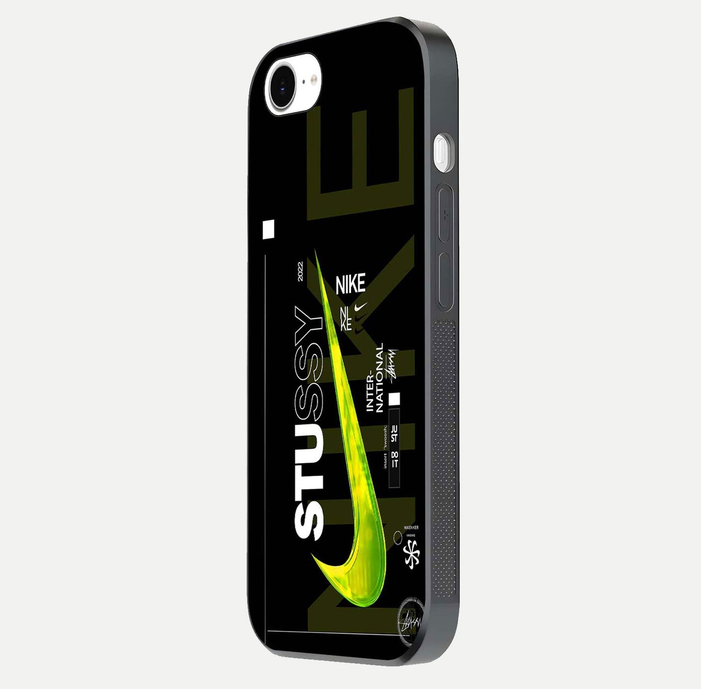Neon Street Edition Glass Case for iPhone 16e side-angle image showing reflection depth and modern tones