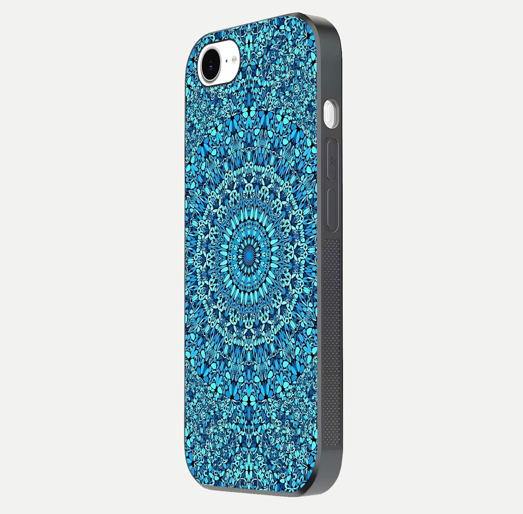 Ocean Bloom Mandala Glass Case for iPhone 16e side-angle image showing reflection and detailed floral pattern