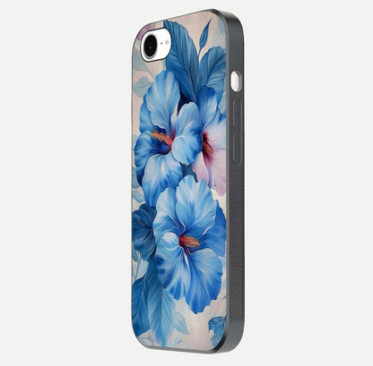 Ocean Hibiscus Grace Glass Case for iPhone 16e side-angle image showing smooth texture and hibiscus details