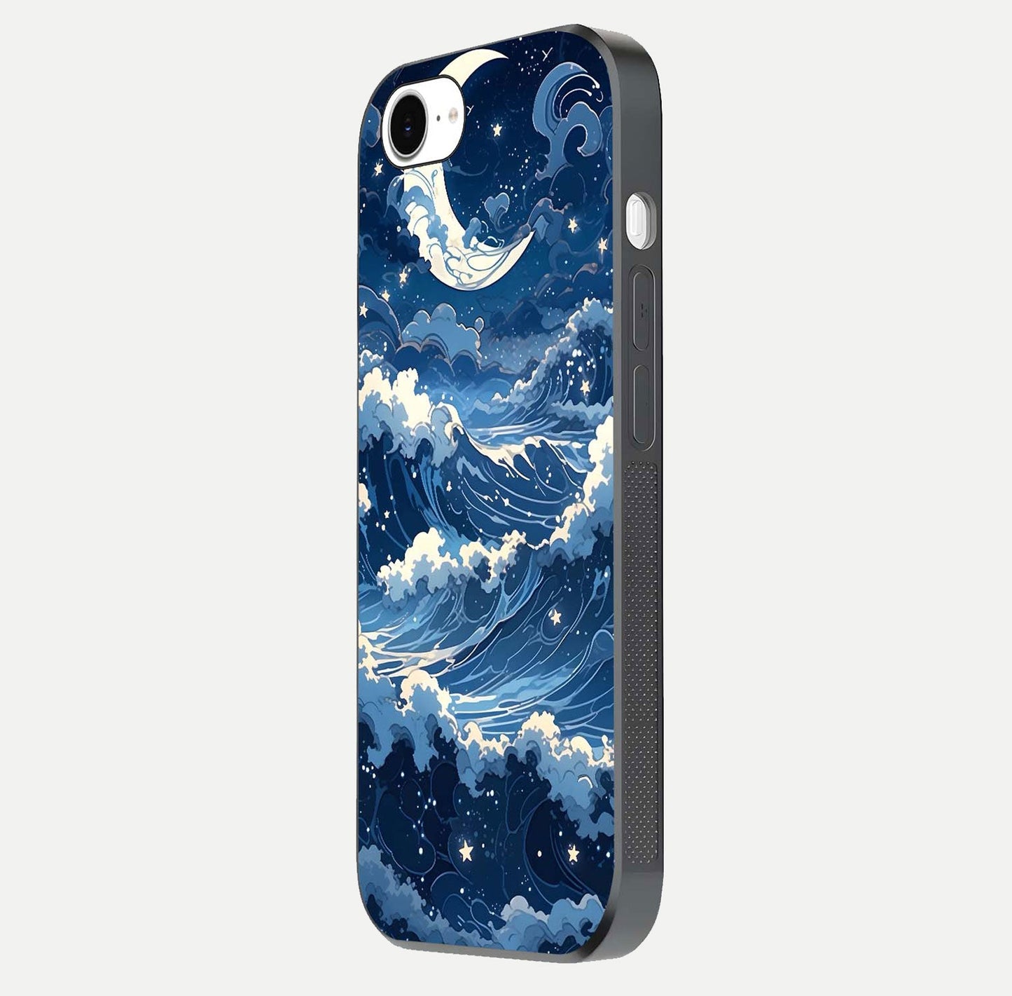 Ocean Moon Waves Glass Case for iPhone 16e side-angle image showing shine and ocean gradient tones