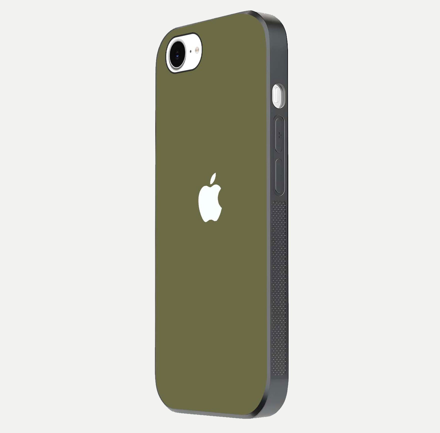 Olive Matte Essence Glass Case for iPhone 16e side-angle image showing soft hue and elegant smooth surface