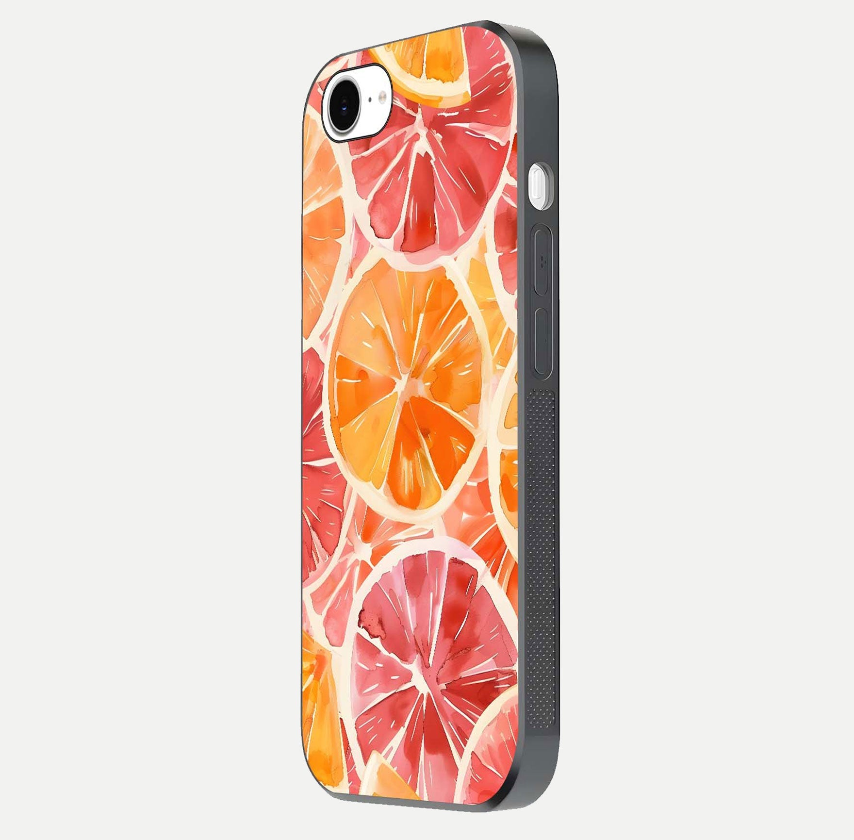Orange Fruits Pattern Glass Case for iPhone 16e side-angle image showing glossy shine and citrus pattern
