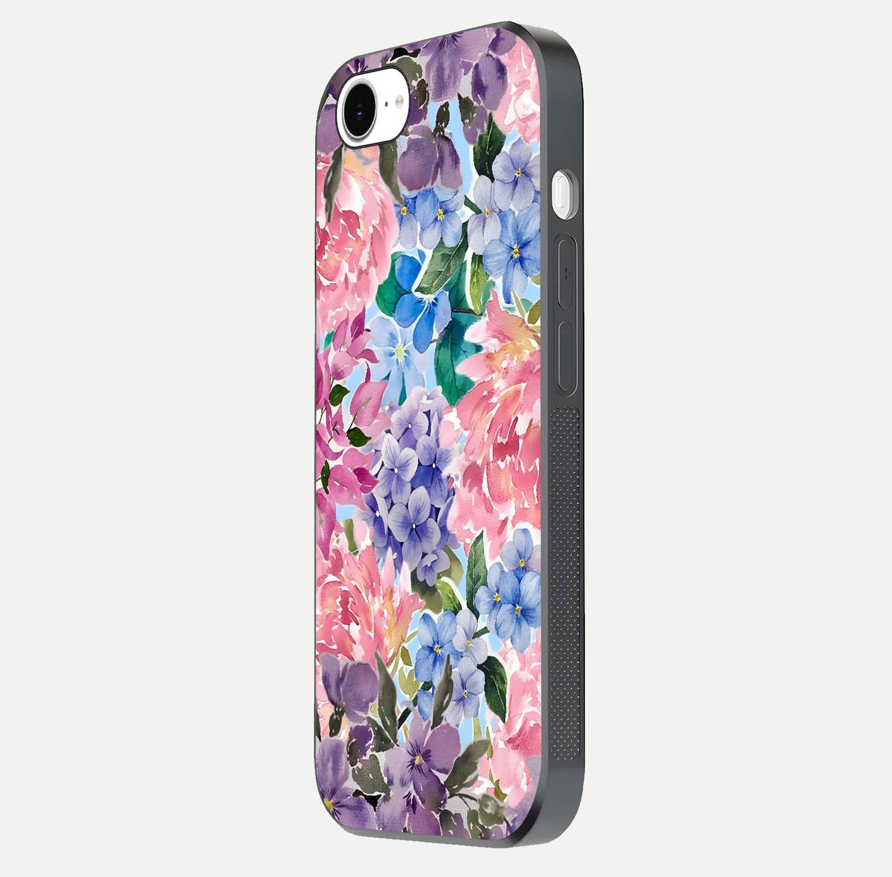 Pastel Floral Mix Glass Case for iPhone 16e side-angle image showing reflection and delicate pastel hues