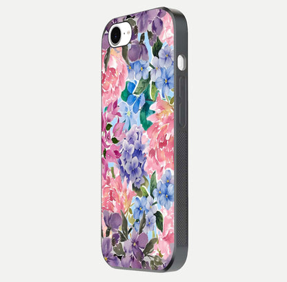 Pastel Floral Mix Glass Case for iPhone 16e side-angle image showing reflection and delicate pastel hues