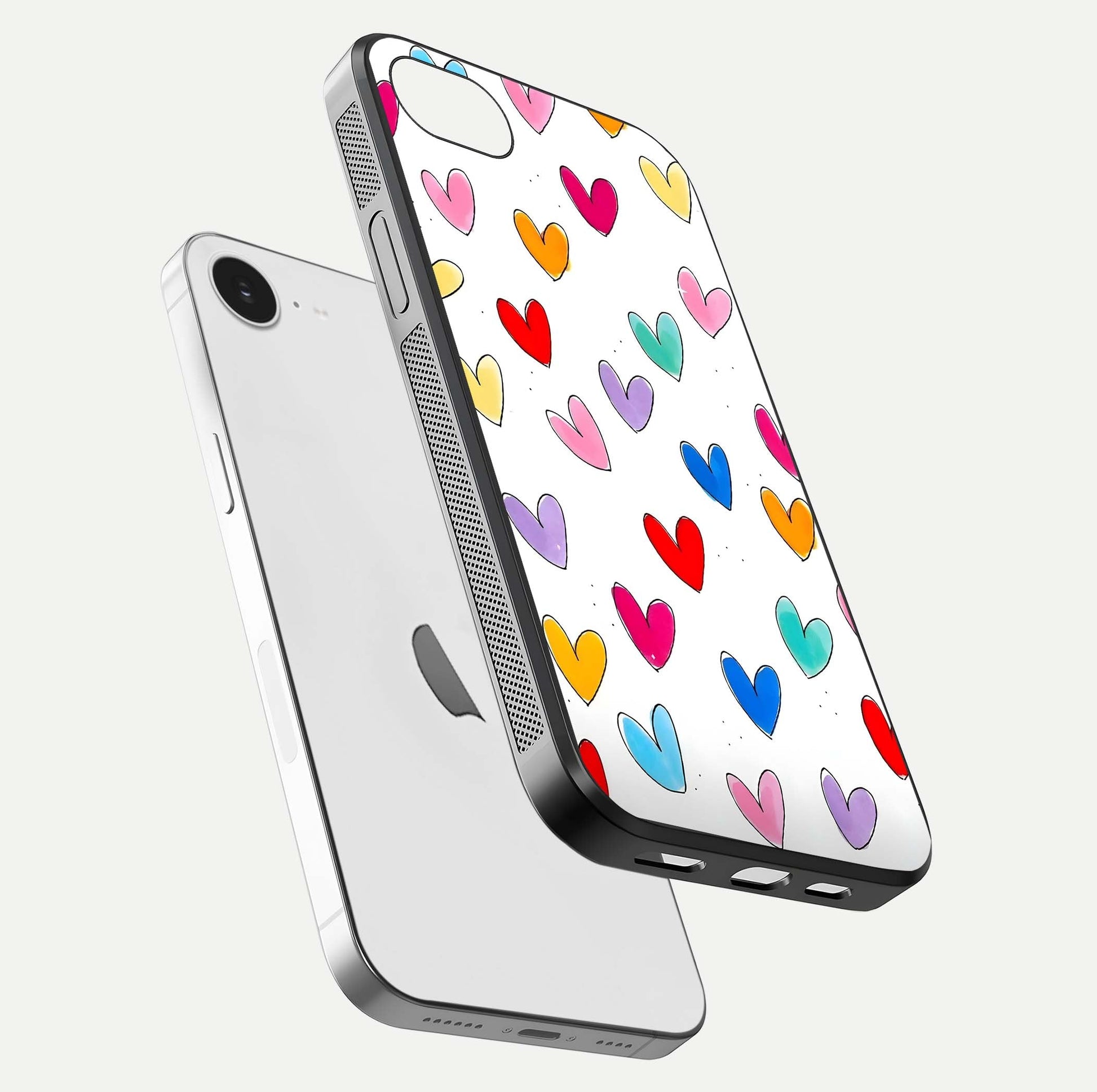 Playful Love Doodles iPhone 16e glass phone case floating view emphasizing glossy finish and playful design