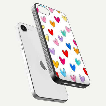 Playful Love Doodles iPhone 16e glass phone case floating view emphasizing glossy finish and playful design