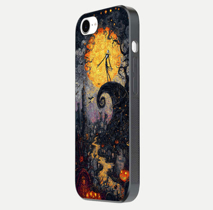 Pumpkin Moon Night Glass Case for iPhone 16e side-angle image showing reflection depth and pumpkin pattern
