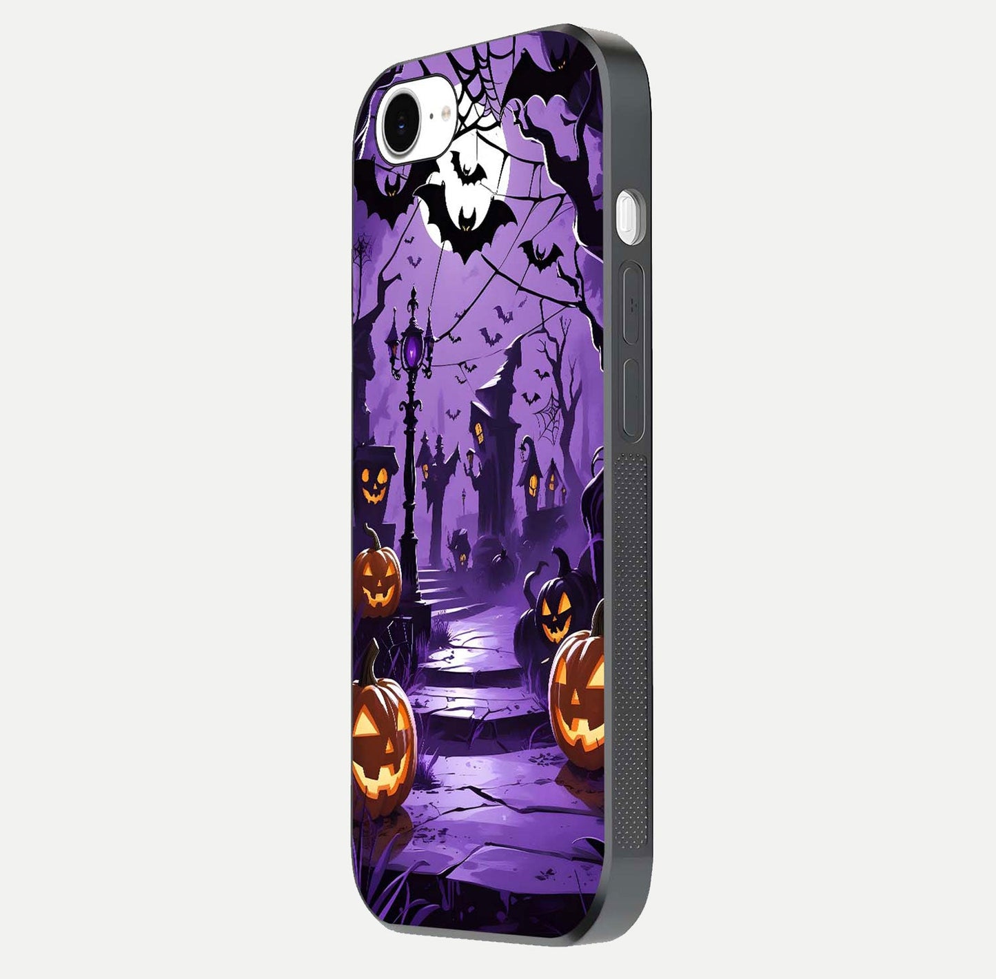 Pumpkin Patch Halloween Glass Case for iPhone 16e side-angle image showing shine, camera cutout, and spooky art