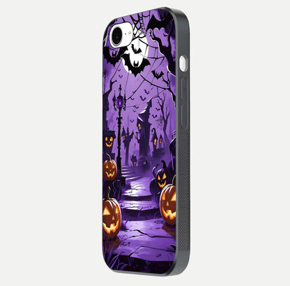 Pumpkin Patch Halloween Glass Case for iPhone 16e side-angle image showing shine, camera cutout, and spooky art