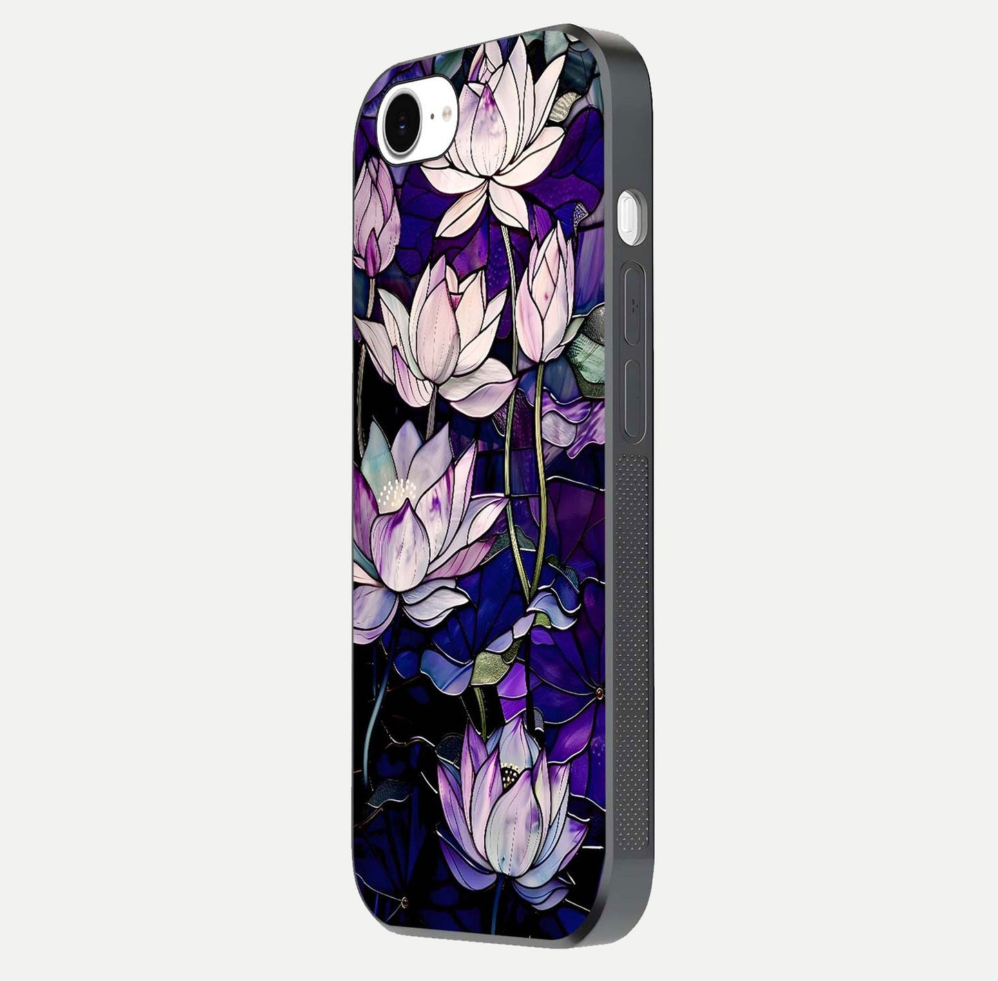 Purple Lotus Pattern Glass Case for iPhone 16e side-angle image showing reflection depth and lotus detail