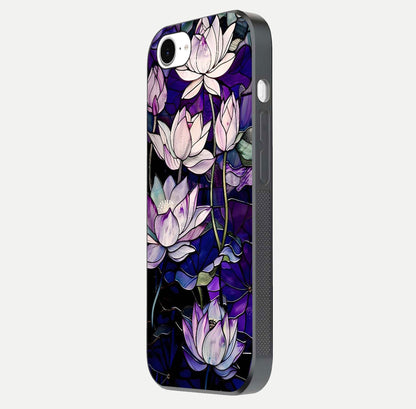 Purple Lotus Pattern Glass Case for iPhone 16e side-angle image showing reflection depth and lotus detail