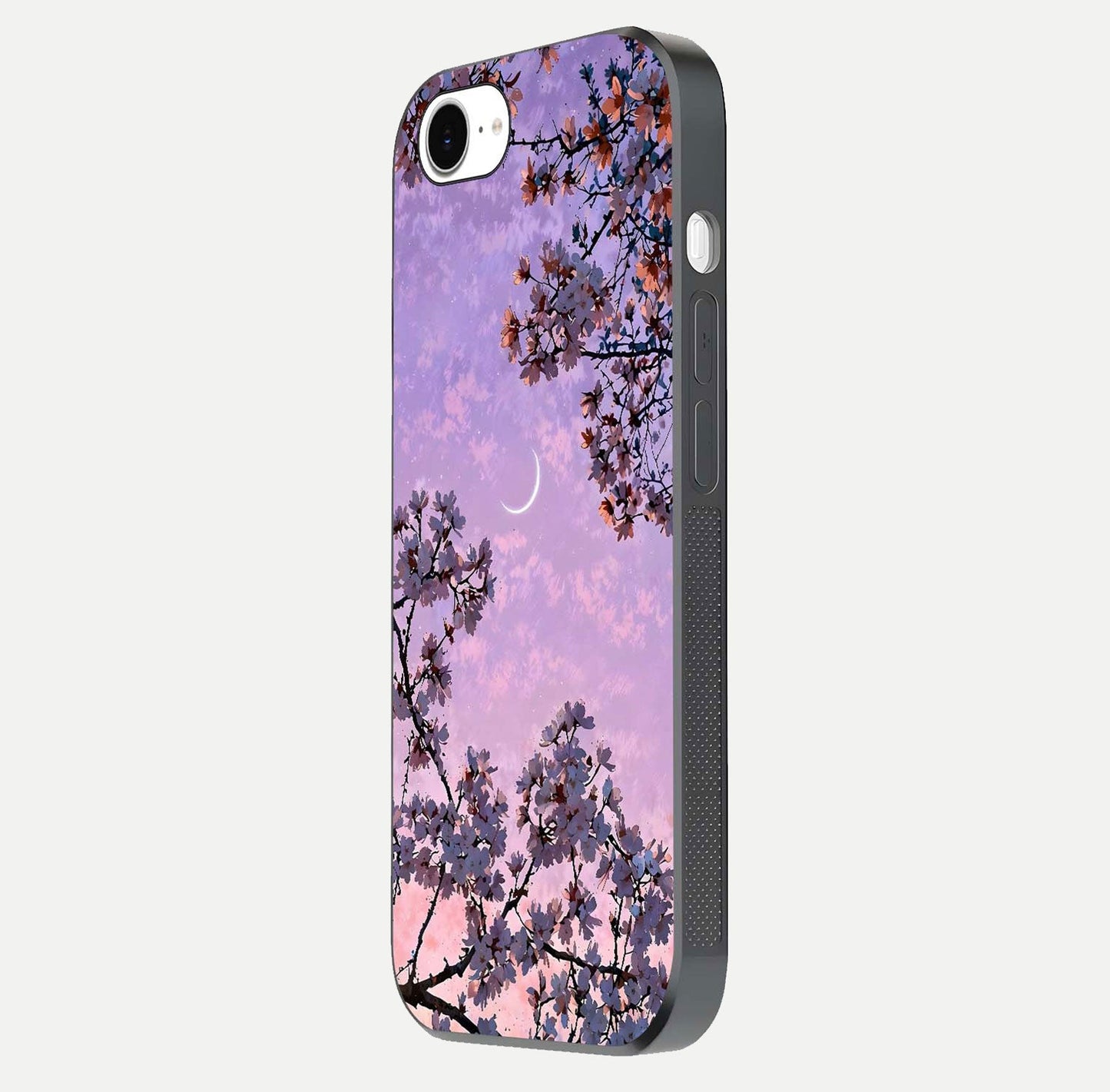Purple Serenity Moon Glass Case for iPhone 16e side-angle image showing reflection and lunar art precision