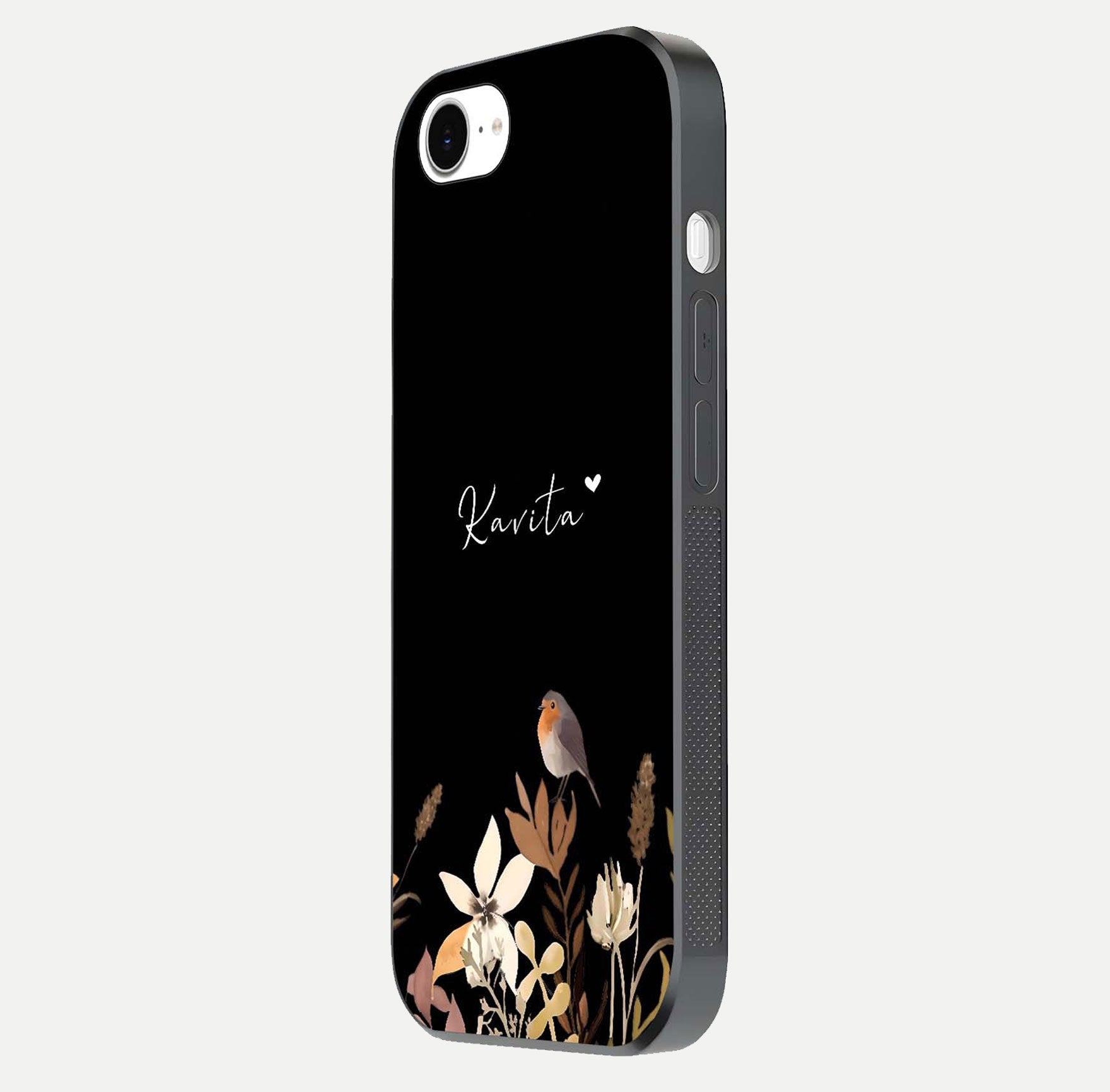 Quiet Garden Tune Custom Name Glass Case for iPhone 16e side-angle image showing reflection and floral design