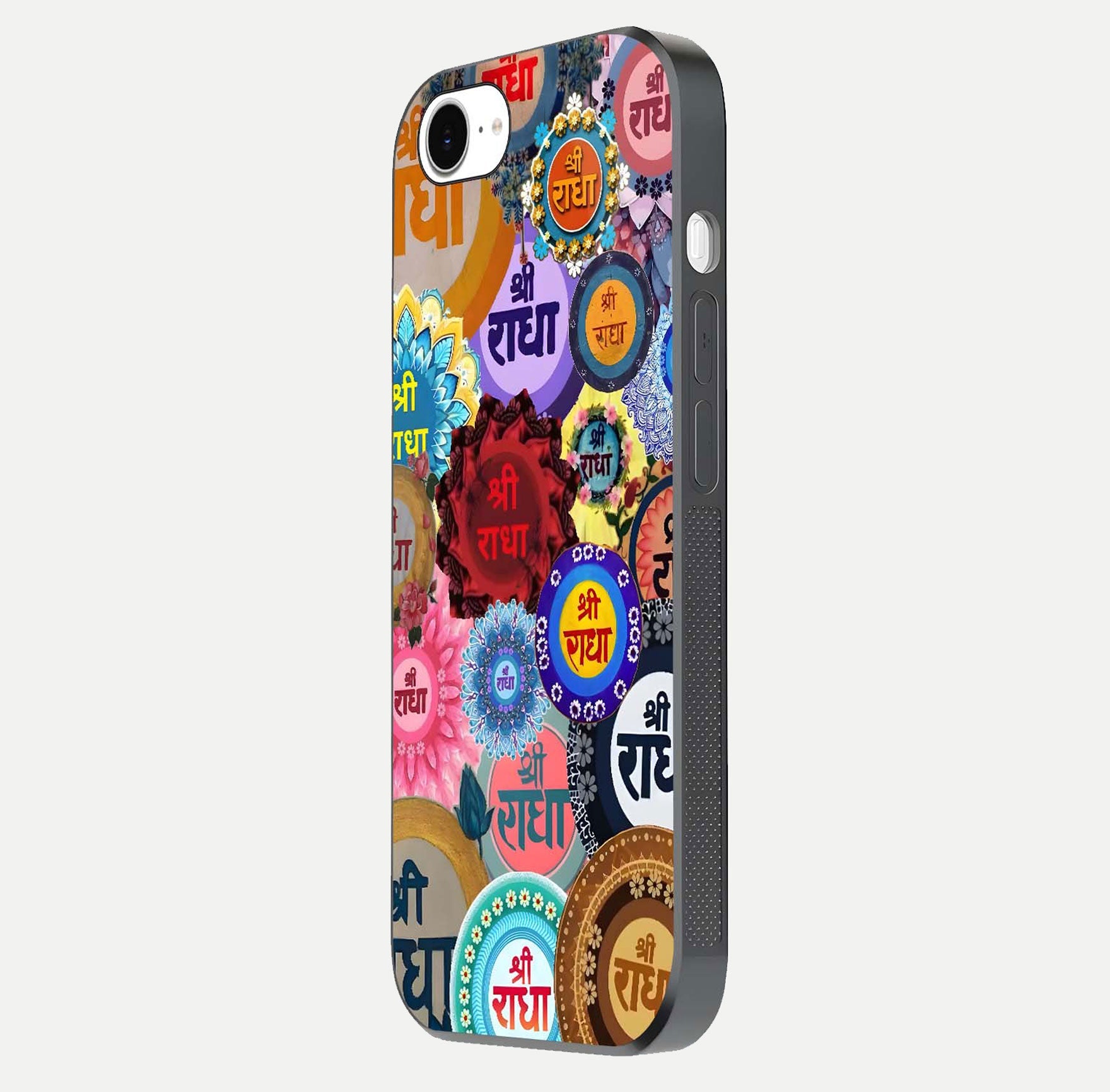 Radha Divine Bloom Glass Case for iPhone 16e side-angle image showing shine, reflection, and floral motif