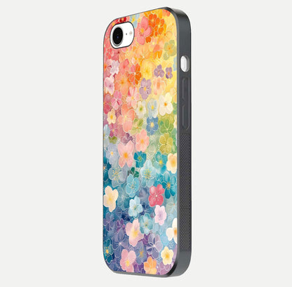 Rainbow Blossom Burst Glass Case for iPhone 16e side-angle image showing reflection and floral burst detail