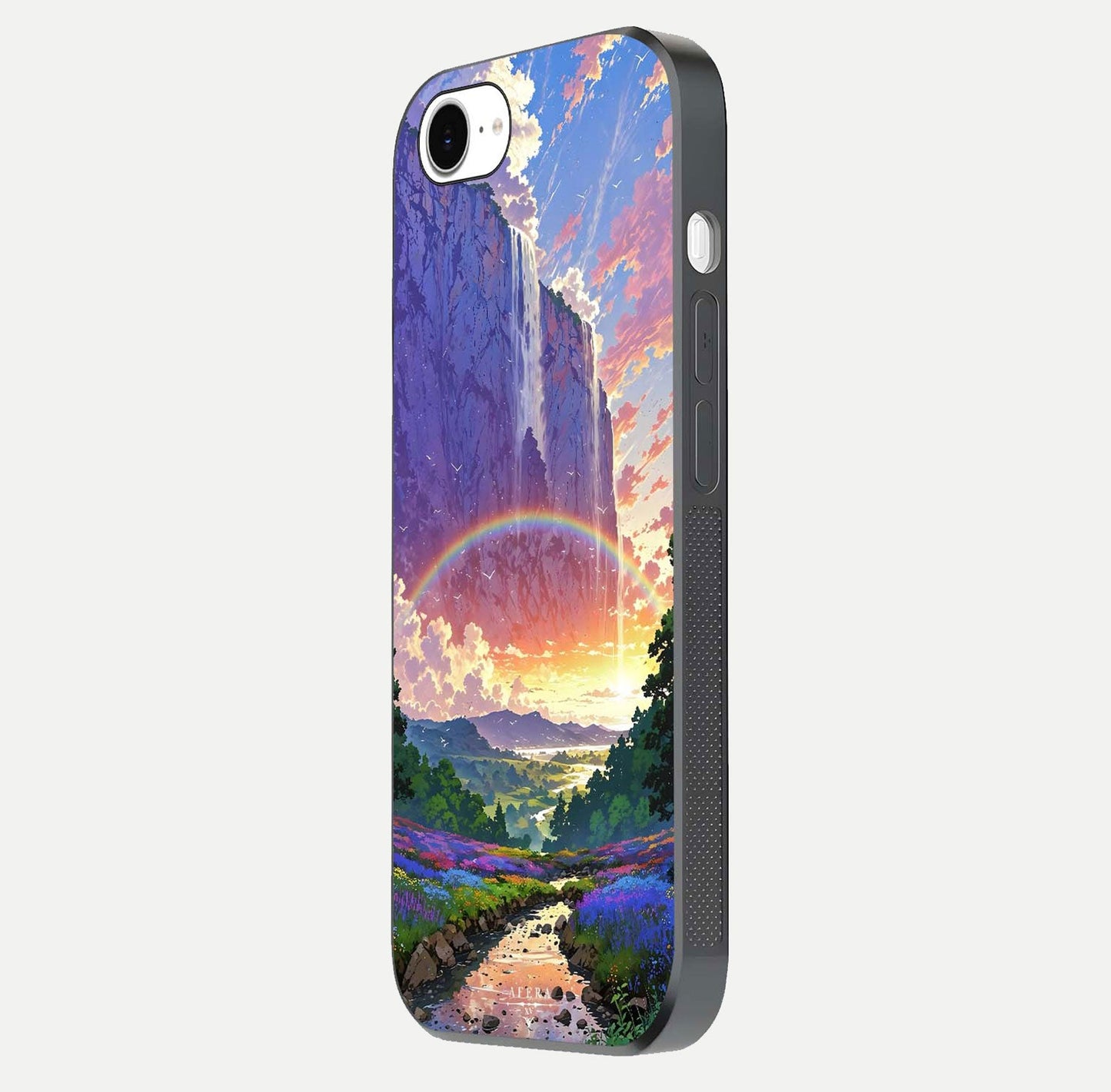 Rainbow Valley Dream Glass Case for iPhone 16e side-angle image showing light reflection and scenic tones