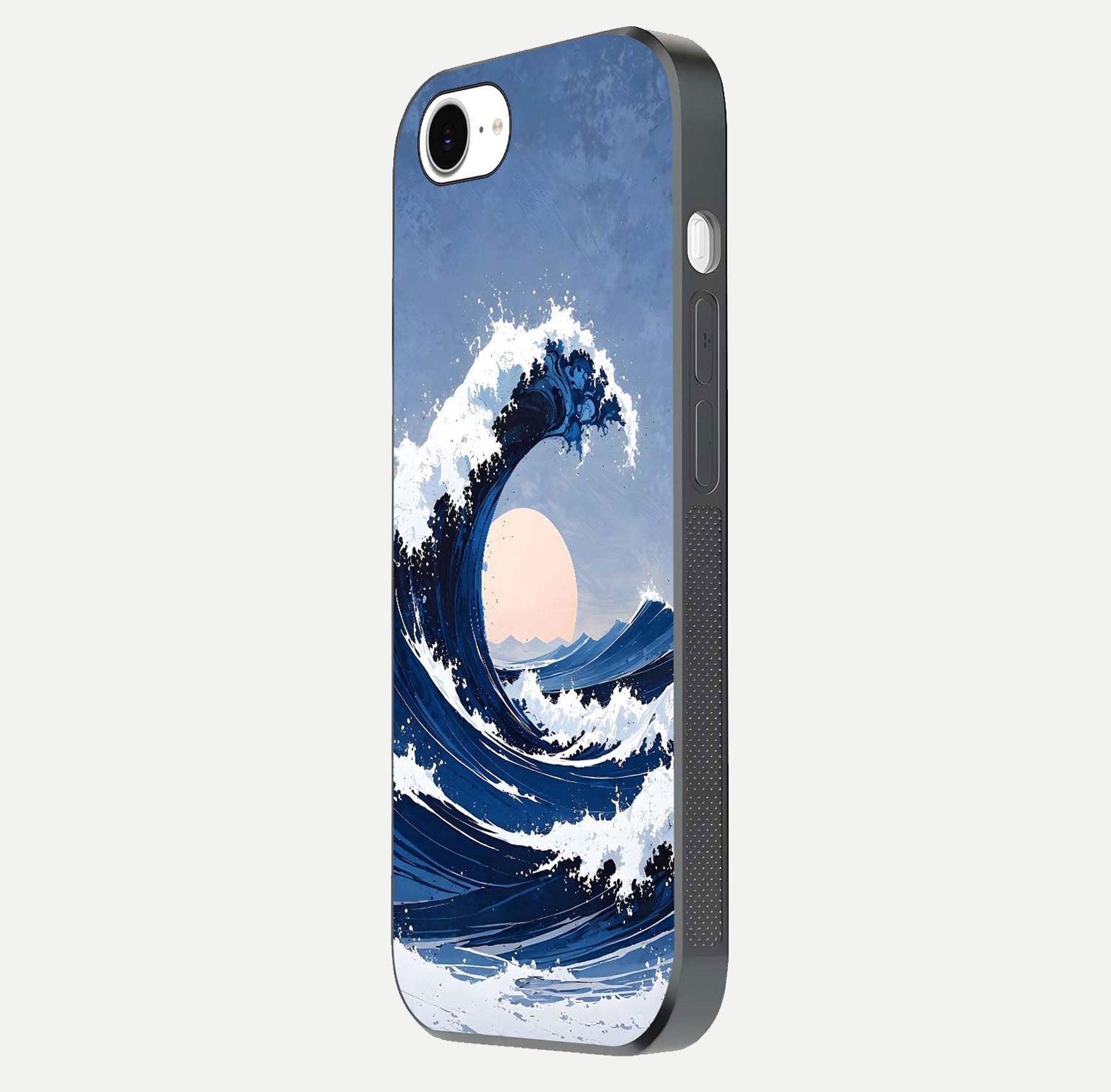 Rising Tide Power Glass Case for iPhone 16e side-angle image showing shine and detailed ocean art