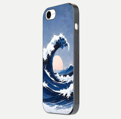 Rising Tide Power Glass Case for iPhone 16e side-angle image showing shine and detailed ocean art