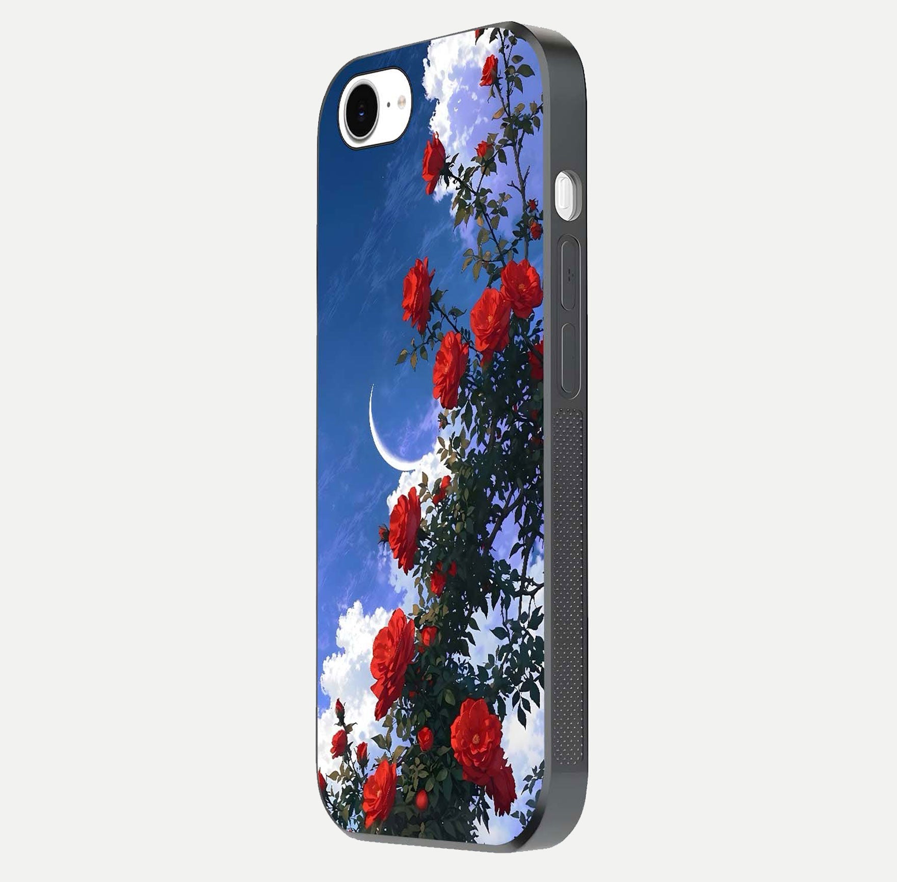 Rose Drift Flowers Glass Case for iPhone 16e side-angle image showing reflection and petal detail