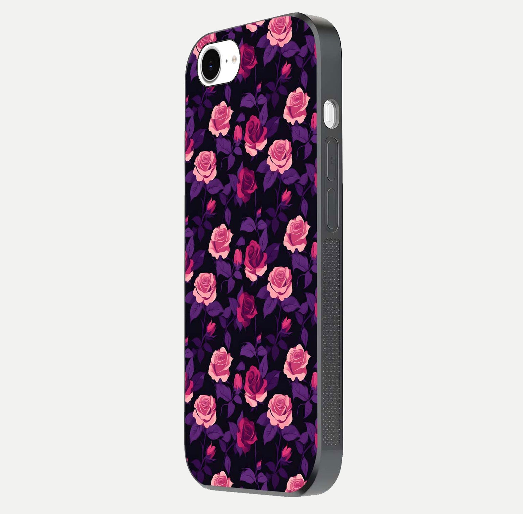 Rose Garden Twilight Glass Case for iPhone 16e side-angle image showing reflection, gloss, and floral detail