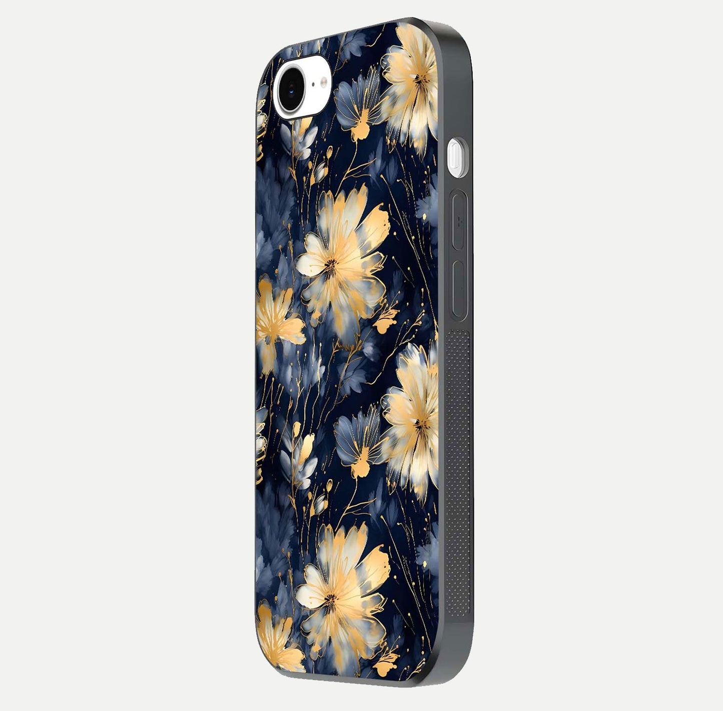 Royal Petal Dream Glass Case for iPhone 16e side-angle image showing smooth edges and royal bloom details