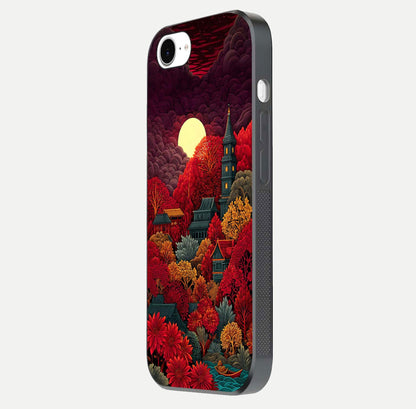 Scarlet Autumn Temple Glass Case for iPhone 16e side-angle image showing color depth and reflection clarity