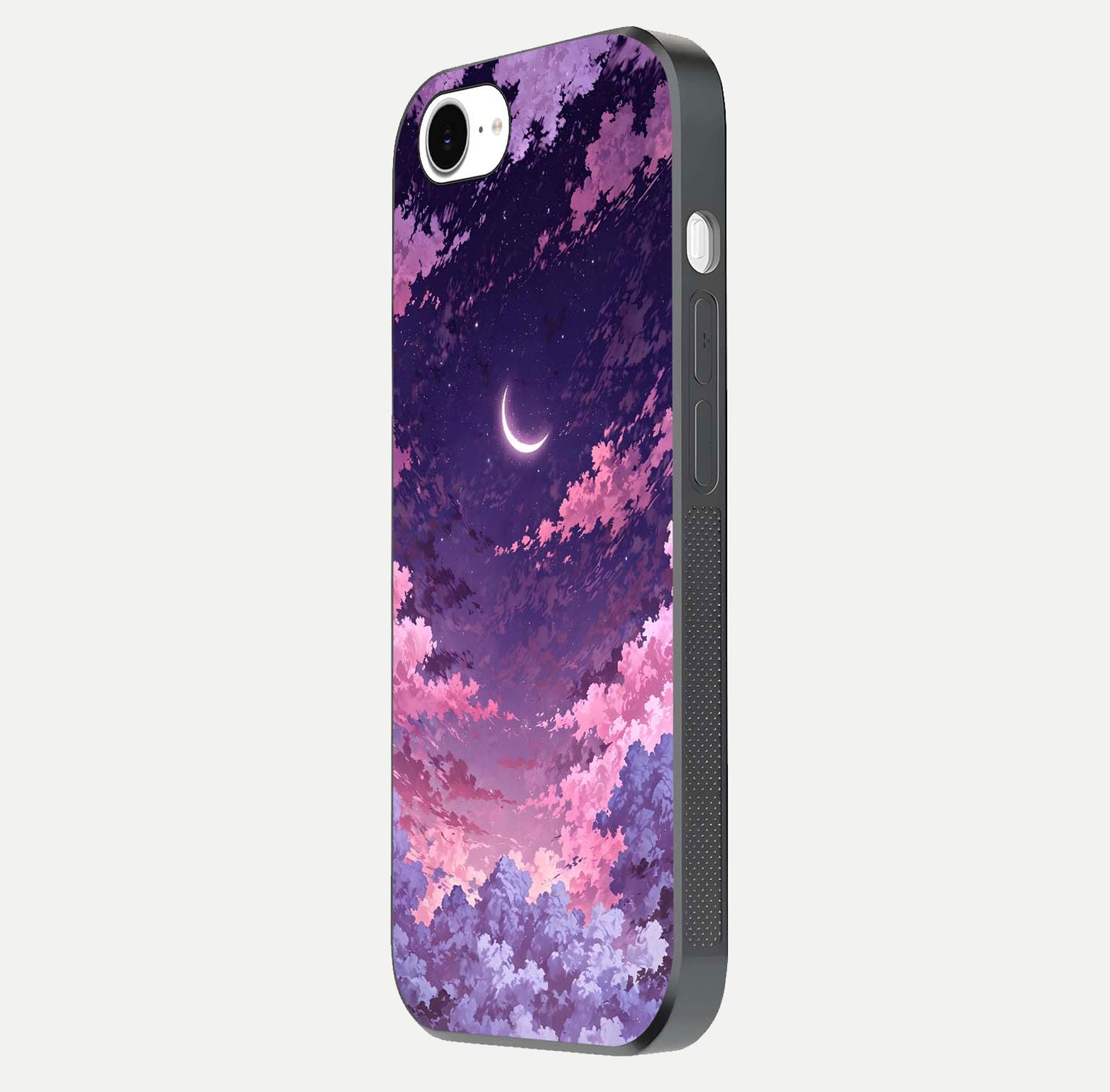 Sky Drift Clouds Glass Case for iPhone 16e side-angle image showing reflection, blue tones, and soft gradient