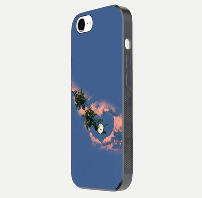Sky Under Tree Glass Case for iPhone 16e side-angle image showing shine, edge texture, and scenic detail