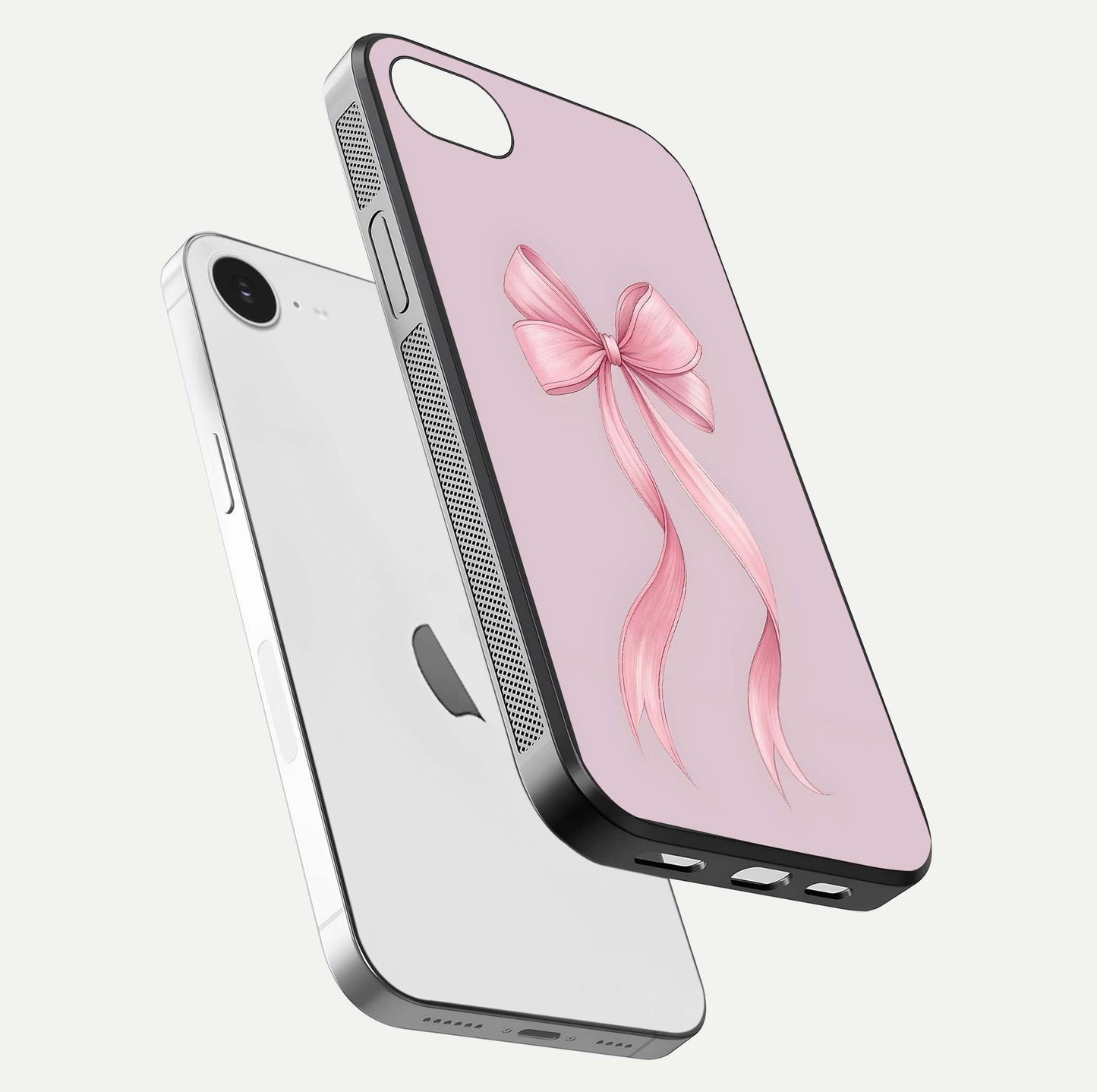 Soft Blush Bow iPhone 16e glass phone case floating view emphasizing glossy surface and soft feminine styling