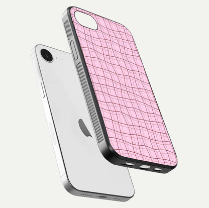 Soft Grid Bliss iPhone 16e glass phone case floating view emphasizing glossy surface and minimal styling