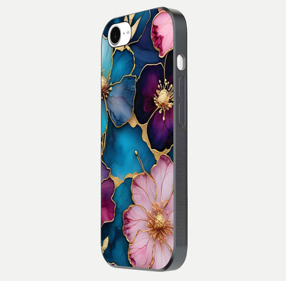 Sparkle Floral Glass Case for iPhone 16e side-angle image showing reflection, gloss, and floral texture