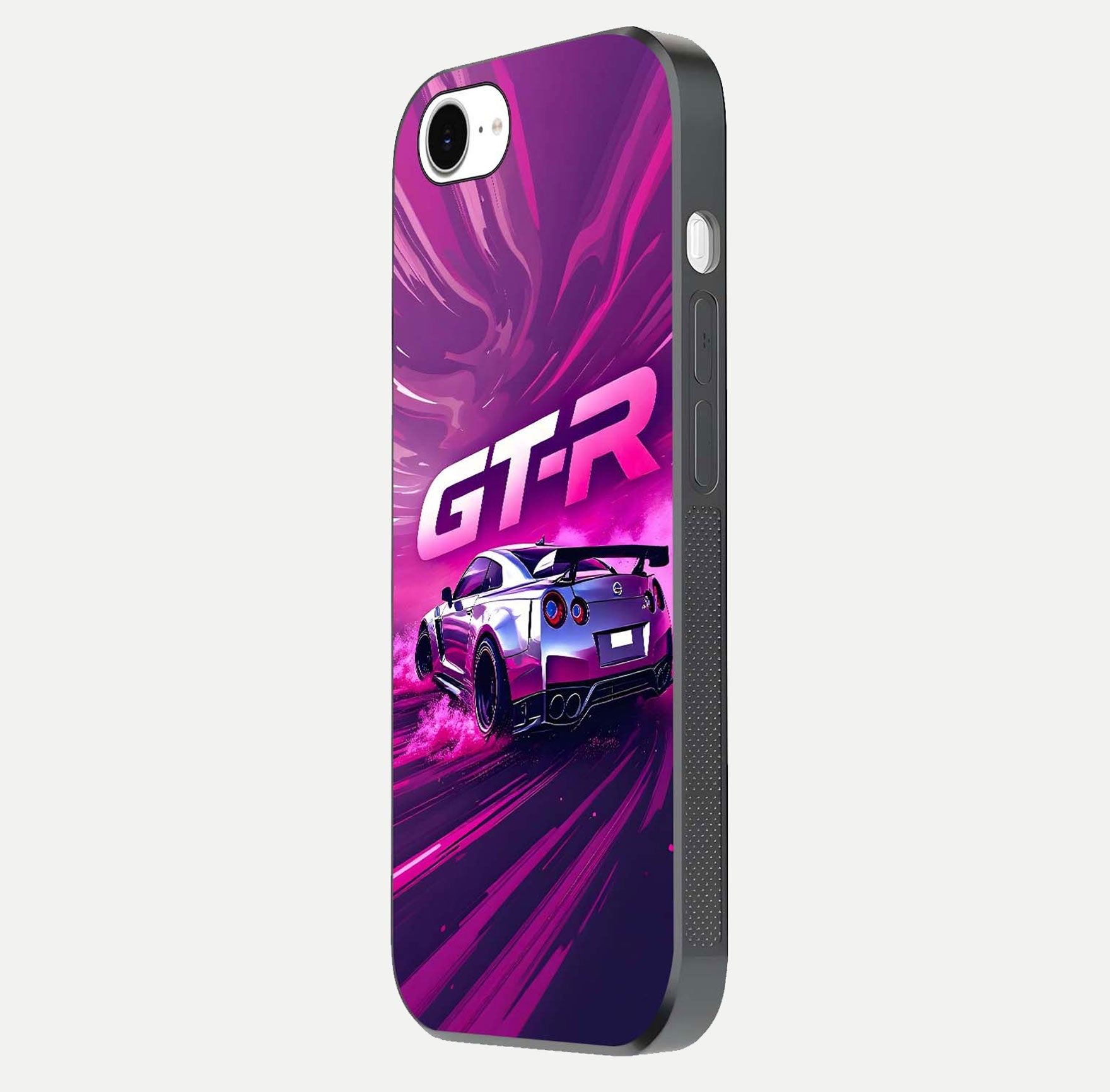 Speed Drift Legend Glass Case for iPhone 16e side-angle image showing car print reflection and surface gloss