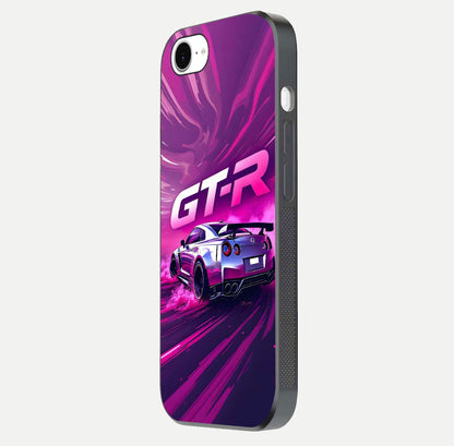Speed Drift Legend Glass Case for iPhone 16e side-angle image showing car print reflection and surface gloss