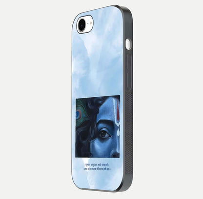 Spiritual Krishna Glass Case for iPhone 16e side-angle image showing reflection and vivid artwork clarity