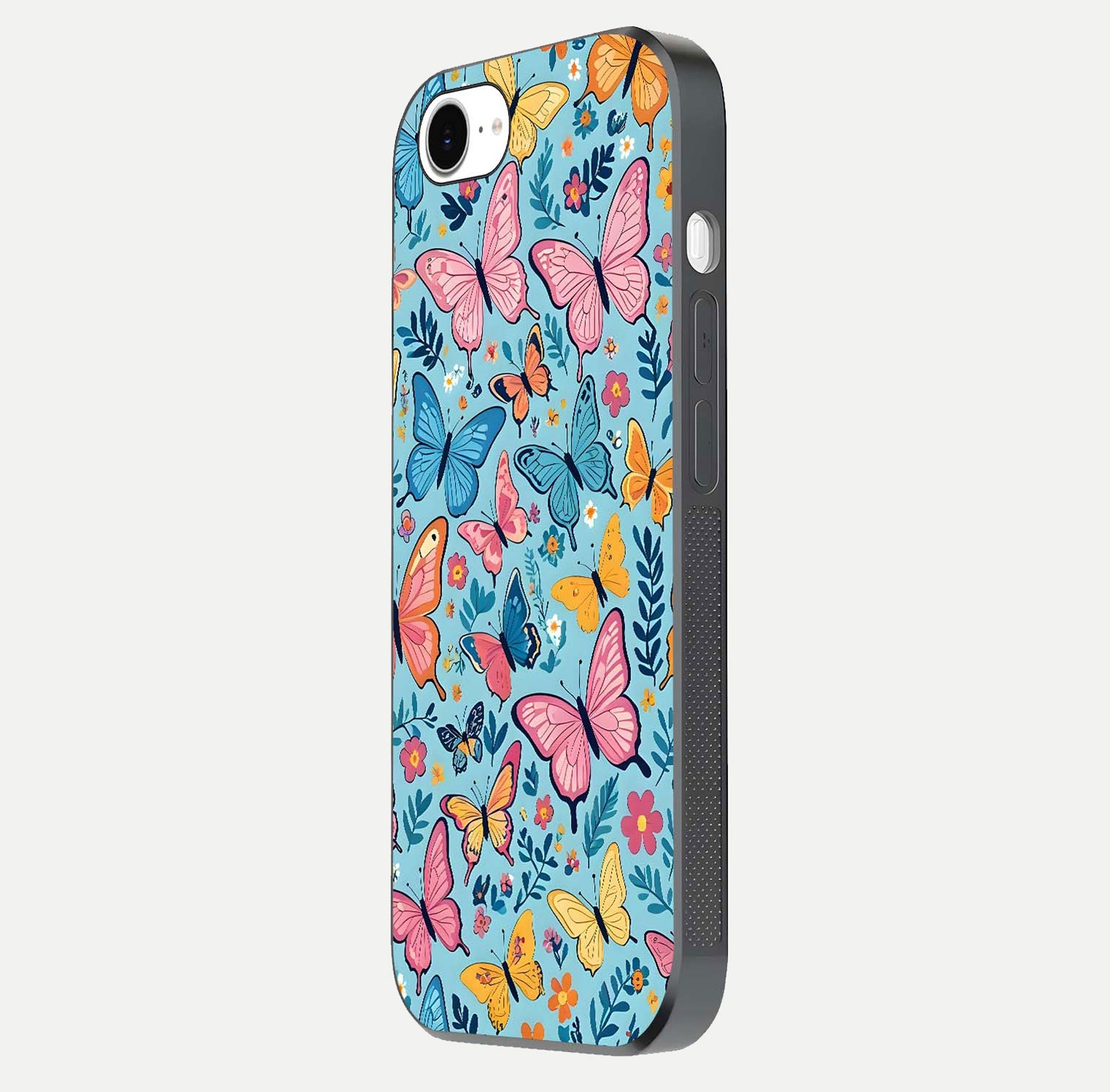 Spring Wing Garden Glass Case for iPhone 16e side-angle image showing shine, color, and pattern depth