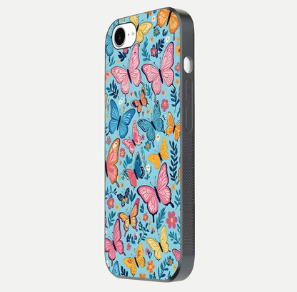 Spring Wing Garden Glass Case for iPhone 16e side-angle image showing shine, color, and pattern depth