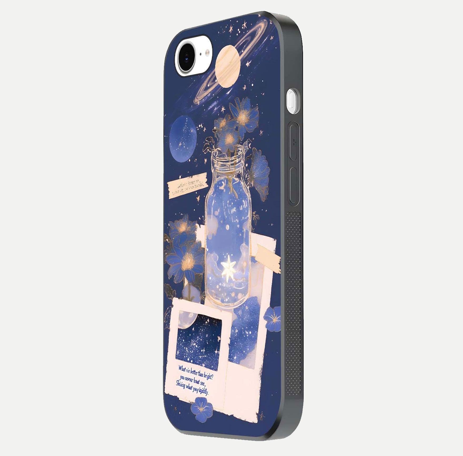 Starlit Cosmic Jar Glass Case for iPhone 16e side-angle image showing glow, texture, and light reflection
