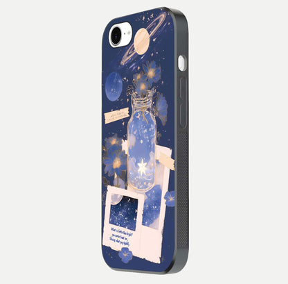 Starlit Cosmic Jar Glass Case for iPhone 16e side-angle image showing glow, texture, and light reflection