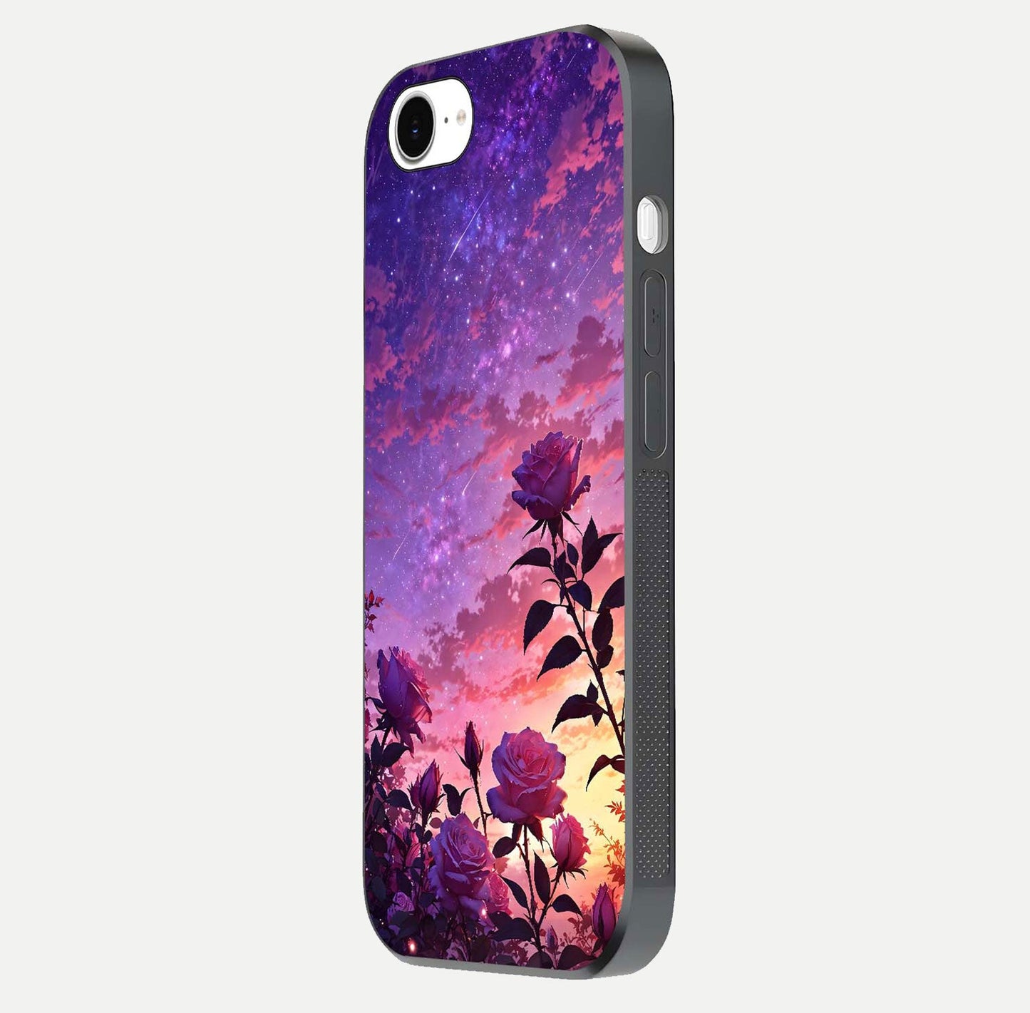 Starlit Rose Twilight Glass Case for iPhone 16e side-angle image showing reflection and petal contrast