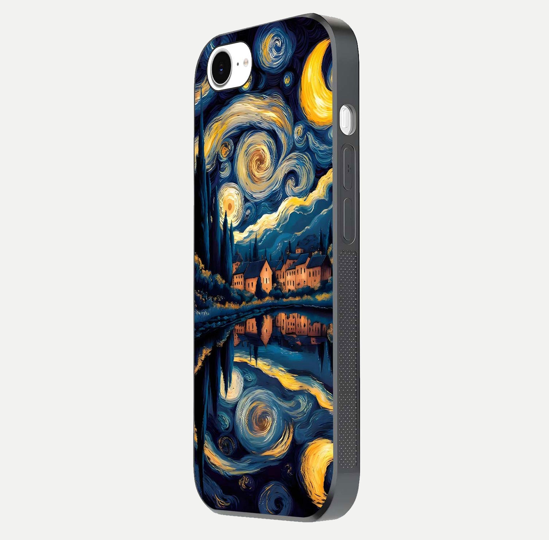 Starry Sky Serenity Glass Case for iPhone 16e side-angle image showing reflection and night-sky detail