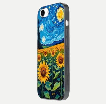 Starry Sunflower Dreams Glass Case for iPhone 16e side-angle image showing reflection, stars, and yellow tone