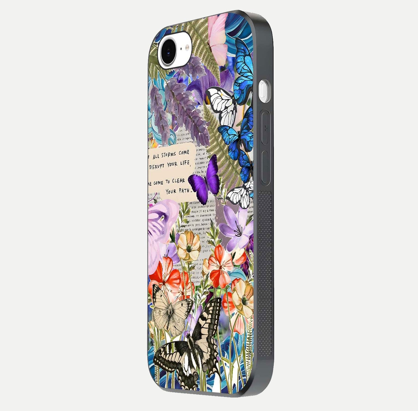 Storm Path Bloom Glass Case for iPhone 16e side-angle image showing reflection, color contrast, and shine