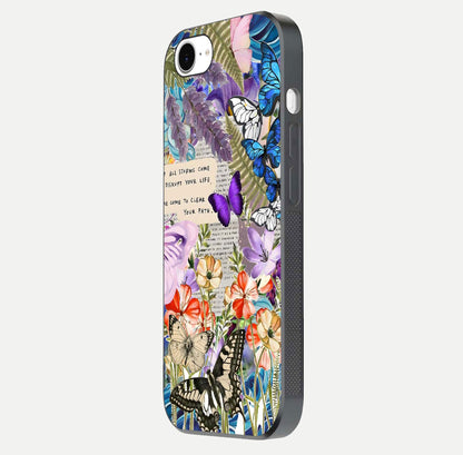 Storm Path Bloom Glass Case for iPhone 16e side-angle image showing reflection, color contrast, and shine